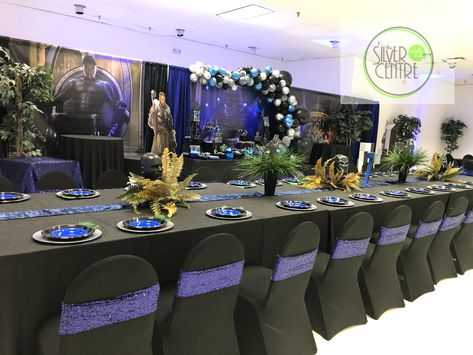 Wakonda Forever! Black Panther 7th Birtday | CatchMyParty.com Black Panther Birthday Party Ideas, Black Panther Birthday Party, Blue Party Themes, Black Panther Birthday, 50th Birthday Centerpieces, Black And Gold Party Decorations, Combined Birthday Parties, Baby Q Shower, Avenger Birthday Party