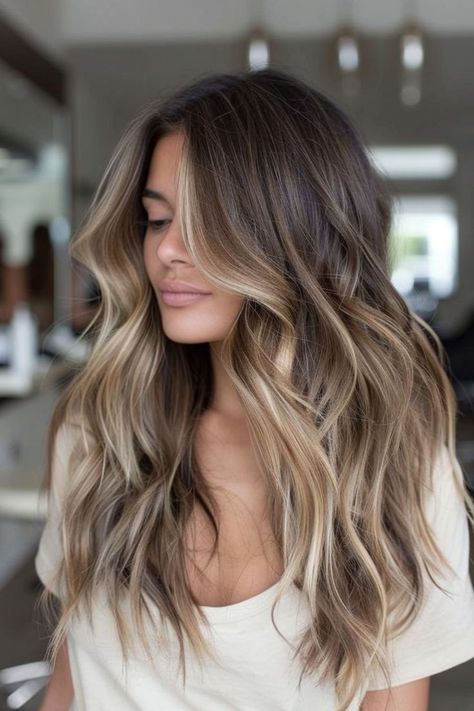 Ombre Hair On Dark Hair, Brown Hair With Highlights At The Ends, Subtle Balayage With Money Piece, Tiny Money Piece Hair, Platinum Balayage On Brown Hair, Hair Brunette With Blonde Highlights, Long Hair Ombre Brown, Brown Balayage Hair Cool Tone, Brown Hair Root Smudge