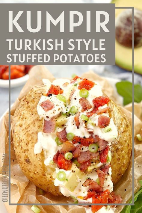 These stuffed baked potatoes are called kumpir. They are traditional Turkish street food which are basically a loaded baked potato with a creamy, cheesy centre that you then top with just about anything! My easy recipe is in English and includes step-by-step photos. Baked in the oven, these stuffed potatoes are easily made vegetarian too. #chefnotrequired #kumpir Jacket Potato Fillings, Baked Potato Fillings, Turkish Food Traditional, Stuffed Recipes, Turkish Street Food, Gourmet Lunch, Skin Recipes, Jacket Potatoes, Stuffed Potatoes