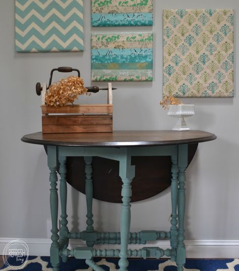 antique gate leg table with mail paint and stained top Antique Gate Leg Table, Vintage Drop Leaf Table, Drop Leaf Tables, Gate Leg Table, Leaf Tables, Gateleg Table, White Furniture Living Room, Refinished Furniture, Painted Furniture Ideas