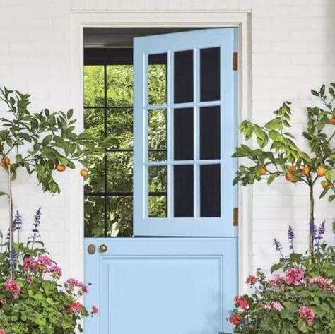 Tamra Lea #Itsahouselovestory | This cheerful Dutch style back door is so fresh and charming! It appears to have been inspired by clear blue skies. 
The paint is Behr’s,... | Instagram Blue Dutch Door, Baby Blue Front Door, Captain Claw, Light Blue Door, Dutch Doors, Babysitting Activities, Blue Front Door, Dutch Style, Garden Inspo