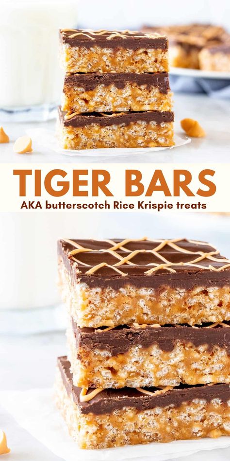 Tiger bars are sweet, chewy and the perfect Rice Krispie treat if you like things extra sweet. They have a delicious butterscotch flavor because they're made with butterscotch chips. Then they're topped with chocolate and an extra drizzle of butterscotch #butterscotch #ricekrispietreats #butterscotchricekrispietreats #tigerbars from Just So Tasty https://www.justsotasty.com/tiger-bars-butterscotch-rice-krispie-treats/ Chocolate Butterscotch Rice Krispie Treats, Butterscotch Rice Krispie Bars, Butterscotch Rice Krispie Treats, Tiger Snacks, Cheerio Treats, Tiger Bar, Rice Crispies Recipe, Butterscotch Recipes, Butterscotch Bars