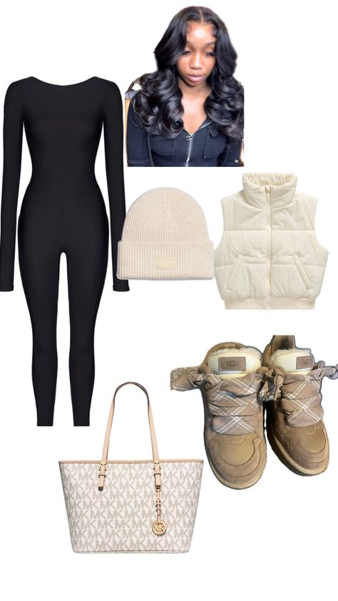 bodysuit, vest, Ugg sneakers, beanie, sew-in, and a purse Ugh Ankle Boots Outfit, Ugg Sneakers Outfit, Ugg Sneakers, Boots Outfit Ankle, Uggs Outfit, Teen Swag Outfits, Sneakers Outfit, Boots Outfit, Swag Outfits