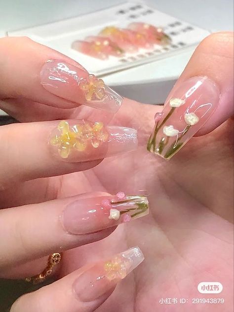 Flower Jelly Nails, Jelly Flower Nails, Chinese Style Nails, Chinese Nails, Flower Press On Nails, Long Fake Nails, Custom Nails, Flower Press, Blush Nails