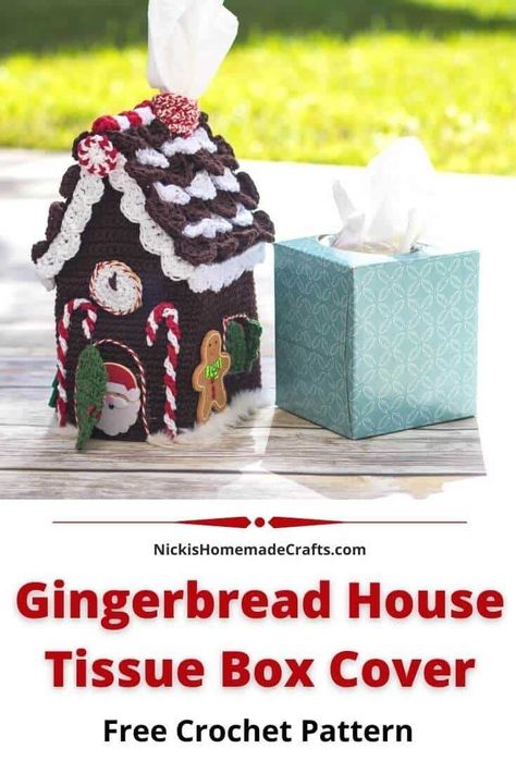 Learn how to crochet this cute Gingerbread House Tissue Box Cover using this free pattern. It uses basic crochet stitches as well as worsted weight and faux fur yarn and is perfect for the Holiday and Christmas season. It's the perfect quick weekend project for sure. Video Tutorial for the Crocodile stitch for the roof included. #crochet #pattern #crochetpattern #diy #freecrochetpattern #freepattern #worstedyarn #yarn #crochetearrings #diyprojects #diyideas #crochetstitch #tutorial #giftideas # Crochet Gingerbread House, Crochet Home Decor Patterns, House Tissue Box Cover, Free Christmas Crochet, Home Decor Patterns, Crochet Gingerbread, Crochet Decorations, Kleenex Box Cover, Christmas Crafty