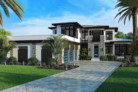 Two-Story 3-Bedroom Luxury Contemporary Home with a Loft (Floor Plan) - Home Stratosphere Parking Courtyard, Covered Lanai, Florida House Plans, Arch Ideas, Exterior Modern, Modern Style House Plans, Contemporary Style Homes, Contemporary House Plans, Luxury Contemporary