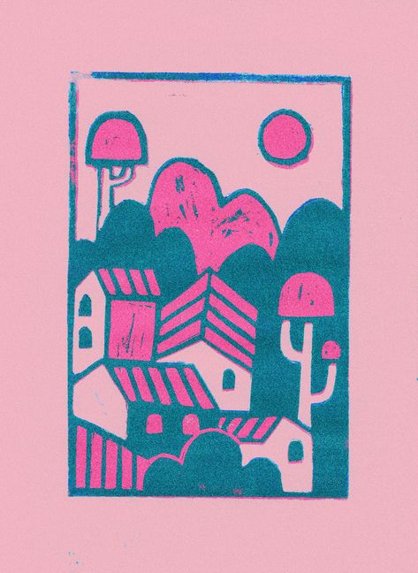 Linocut inspired by risograph colors! By Kika MacFarlane Two Color Linocut, Risograph Logo, Risograph Print Illustration, Risograph Portrait, Color Linocut, Risograph Illustration, Risograph 2 Color, Two Color Risograph, Pink Risograph