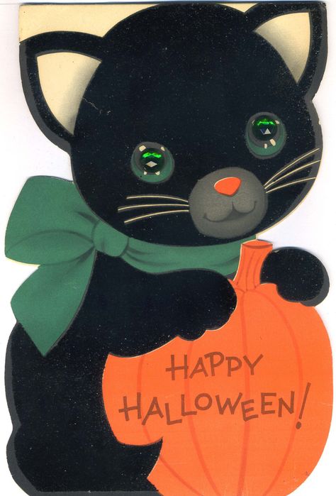 Happy Halloween! | by froggyboggler Happy Halloween Vintage, 1960s Halloween, Fuzzy Cat, Halloween 6, Halloween Greeting Card, Cat Stands, Cat Holidays, Vintage Card, Halloween Card