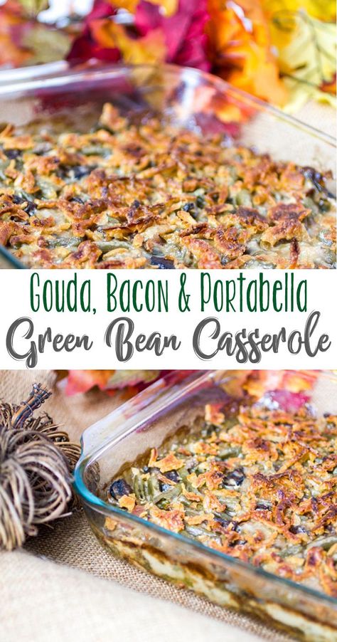 Mushroom Green Bean Casserole, Thanksgiving Potluck Recipes, Recipes Potluck, Cheesy Green Beans, Easy Potluck Recipes, Portabella Mushroom, Thanksgiving Potluck, Mushroom Casserole, Green Beans With Bacon