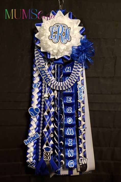 Blue and white Senior Deluxe Mum Created by Mums by Cassie Homecoming Corsage, Football Crafts, Homecoming Mums Diy, Ribbon Crafts Diy, Homecoming Mums, Cheer Mom, Ribbon Crafts, School Spirit, Kids Playing