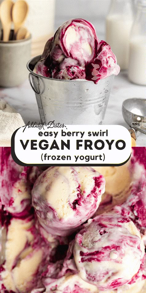 Vegan Frozen Yogurt (Berry Froyo) - Addicted to Dates Vegan Frozen Yogurt, Vegan Yogurt Recipe, Berry Coulis, Frozen Yogurt Recipes, Vegan Ice Cream Recipe, Healthy Ice Cream Recipes, Vegan Cake Recipes, Ice Cream Gelato, Vegan Lunches