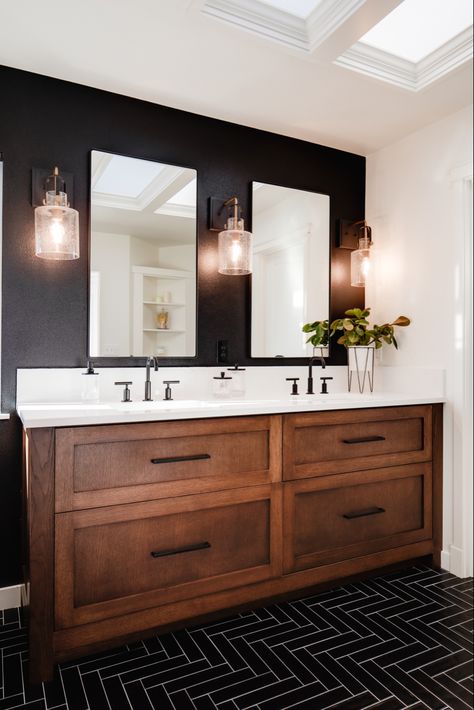 Transformation of a master bath! Non White Master Bath, Bathroom Remodel Dark Wood Floor, Modern Black Master Bath, Master Bath Masculine, Black Floor Master Bath, Dark Color Bathroom Ideas Paint, Black White And Brown House Decor, Black And Brown Master Bath, Black White And Rust Bathroom