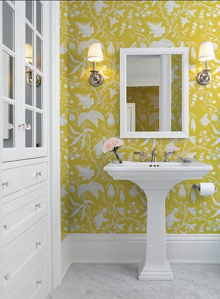 Wallpaper Powder Room, Christopher Spitzmiller, Peel N Stick Wallpaper, Wallcovering Pattern, Model Nails, Makeup Model, Flower Mound, Chinoiserie Wallpaper, Pedestal Sink