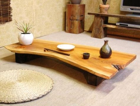 Live edge low dining table  , Japanese style Japanese Tea Table, Japanese Dining Room, Japanese Dining Table, Zen Table, Low Dining Table, Bamboo Furniture Design, Japanese Dining, Japanese Table, Wooden Sofa Set Designs