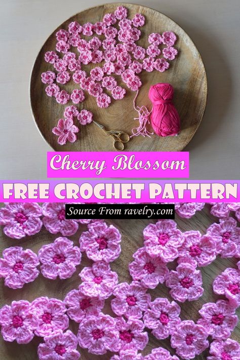 Free Crochet Cherry Blossom Pattern Sakura Blossom Crochet, Asian Crochet Patterns, Crochet Cherry Blossom Tree, Cherry Blossom Granny Square, Crochet Cherry Blossom Pattern, Cherry Blossom Crochet Pattern, Crochet Wisteria Flower Pattern, Crochet Sakura Flower, Sakura Crochet