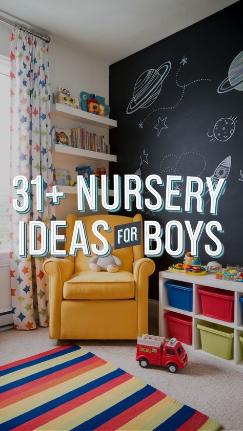 Bold and colorful boys' nursery design with a yellow chair, chalkboard space mural, and vibrant decor elements. Toddler Boy Accent Wall, Car Nursery Ideas, Toddler Bedroom Boy Themes, Bold Nursery Ideas, Nursery Themes Boy, Baby Room Colorful, Colorful Nursery Ideas, Toddler Bedroom Themes, Twin Nursery Ideas