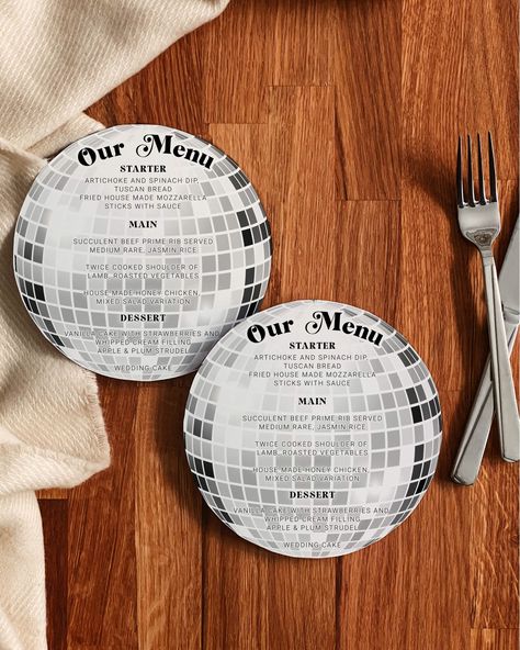 BUY 3 PRODUCTS TO GET 30% OFF WITH CODE '30OFF' Add a mesmerizing touch to your dining experience with our Round Disco Ball Menu Card. This unique circular design featuring a dazzling disco ball is perfect for those looking to make a statement. The funky fonts and groovy theme set the tone for an unforgettable celebration. And yes, it's fully editable! Tailor the menu, fonts, colors, and text positioning to suit your event's style. Get ready to get the party started with this one-of-a-kind, edit Groovy Theme, 70s Theme, Disco Birthday Party, Funky Fonts, Disco Theme, Menu Card, Retro Wedding, Circular Design, Wedding Mood Board