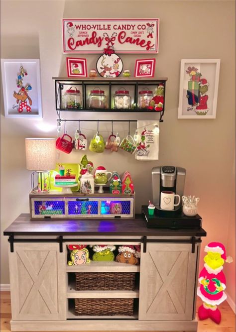 Grinch Coffee Bar Ideas, Grinchmas Ideas, Grinch Coffee, Coffee Bar Ideas, Coffee Bar Decor, Hot Cocoa Bar, Cocoa Bar, Christmas Decorations For The Home, Coffee Station