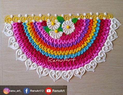 Rangoli, kolam, Muggulu, RanuArt Half Circle Rangoli Designs Easy, Half Rangoli Designs, Half Circle Rangoli Designs, Circle Rangoli, Simple Easy Rangoli, Unique Rangoli, Easy Rangoli Design, Simple Rangoli Designs, Muggulu Designs