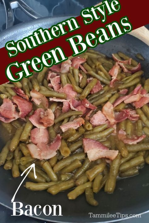 Southern Style Green Beans cooked with bacon make an epic side dish everyone will love. Southern Green Bean Recipes, Easy Dinner Side Dishes, Ham And Green Beans, Southern Style Green Beans, Southern Green Beans, Green Beans Side, Ham Hocks, Beans With Bacon, Green Beans Side Dish