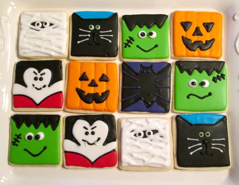 Halloween Squares - Such fun to make square Halloween cookies. Square Halloween Cookies, Galletas Halloween, Halloween Sugar Cookies Decorated, Square Cookies, Decorative Cookies, Halloween Cookies Decorated, Royal Iced Cookies, Halloween Sugar Cookies, Air Clay