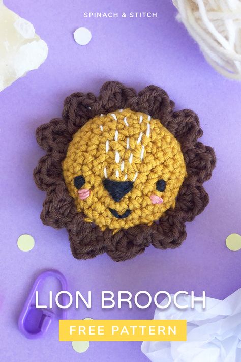 lion crochet brooch Brooch Pattern, Crochet Cherry, Lion Brooch, Scrap Yarn Crochet, Single Crochet Decrease, Crochet Lion, Crochet Shell Stitch, Crochet Brooch, Crochet Decrease