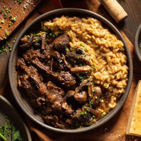 Braised Short Rib Risotto with Mushrooms Short Rib Risotto, Louisiana Red Beans And Rice, Beef And Mushroom Recipe, Louisiana Red Beans, New Orleans Red Beans, Short Rib Sandwich, Parmesan Risotto, Searing Meat, Red Beans And Rice