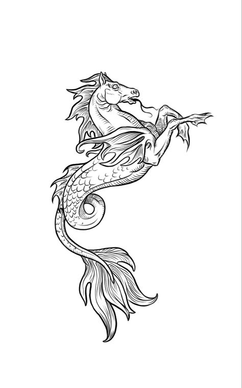 Water Horse Tattoo, 2 Seahorses Tattoo, Seahorse Matching Tattoo, Hippocampus Tattoo, Two Seahorse Tattoo, Hippocampus Mythology, Art Nouveau Dog Tattoo, Mermaid Black And White, Seahorse And Mermaid Tattoo