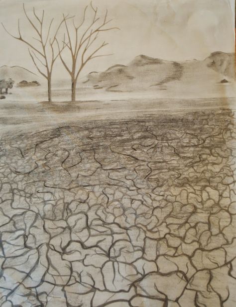 Drought Resilience Poster Drawing, Drought Artwork, Drought Painting, Drought Drawing, Land Restoration Poster Drawing, Drought Illustration, Drought Images, College Art Projects, Dirt Road Painting