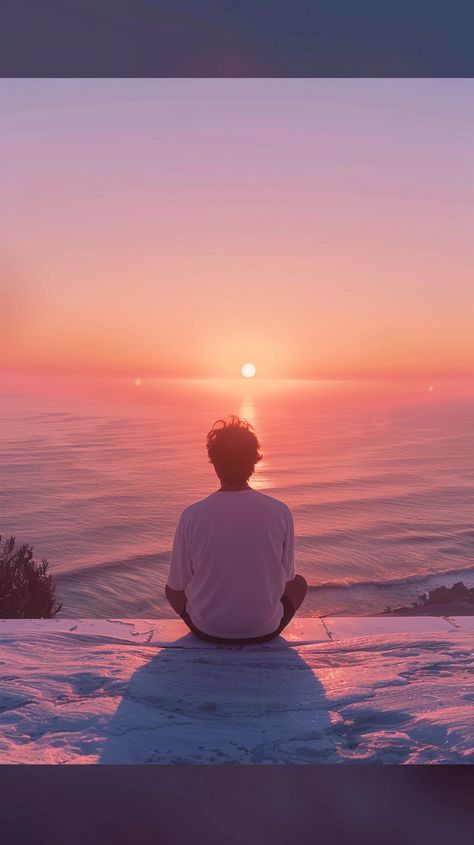 35yo man watching sunrise, sitting in lotus pose, ocean view, pale soft colors, hyper realism, high detailed, shot on iphone 14 pro max --v 6 Watching Sunrise, Hyper Realism, Shot On Iphone, Lotus Pose, Morning Meditation, By The Sea, Ocean View, Soft Colors, Realism