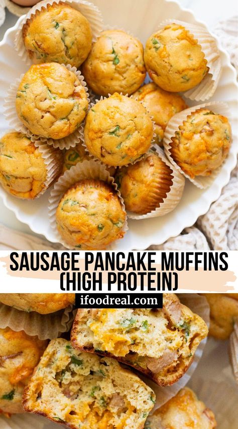 Sausage Pancake Muffins are sweet and savory with 11 grams of protein per muffin! Ready in 30 minutes for an easy grab-and-go breakfast or snack and perfect for meal prep. High Protein Savoury Muffins, Meal Prepped Breakfast Sandwich, Plan Ahead Breakfast Ideas, To Go Healthy Breakfast, Kodiak Sausage Cheese Muffins, Easy Toddler Breakfast Meal Prep, Kodiak Sausage Breakfast Muffins, Pancake Mix Into Muffins, Breakfast Meal Prep On The Go