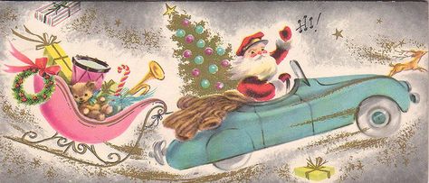 Vintage Pastel Christmas Card ~ Santa's Driving a Convertible! Christmas Cover Photos, Christmas Cover Photo, Car Pink, Christmas Facebook Cover, Blue Convertible, Santa Christmas Cards, Christmas Cover, Vintage Christmas Images, Christmas Graphics