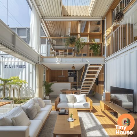 Check out this stunning shipping container house!  The ultra-modern design in white and natural wood colors is a major source of inspiration for your dream container home.  Share your plans and let's make your vision a reality! #containerhouse #dreamhome #designinspiration Beach Shipping Container Homes, White Container House, 40ft Container House Interior Design, Container House Design Interior, Container House Layout, Shipping Container Home Interior, Container House Design Floor Plans, Shipping Container Homes Interior, Container Van House