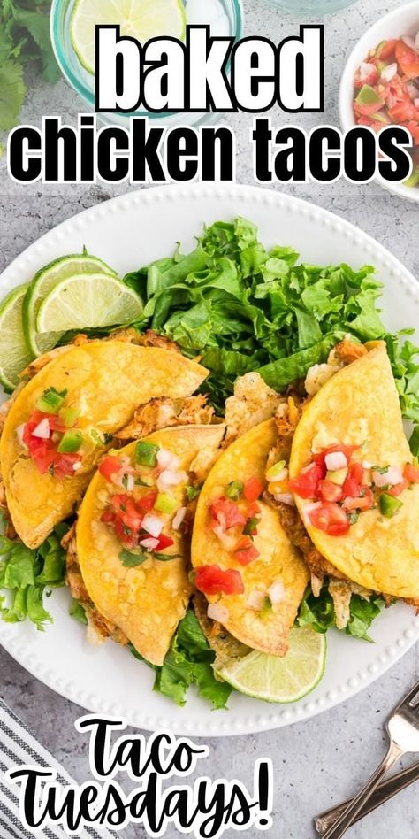 These easy Baked Chicken Tacos make the perfect dinner for busy weeknights! Savory shredded chicken is enveloped in the corn tortilla and bakes to crispy perfect in the oven. Chicken Cobbler With Red Lobster, Enchilada Casserole With Corn Tortillas, Lime Rice Recipes, Pork Carnitas Slow Cooker, Baked Chicken Tacos, Chicken Taco Recipes, Protein Packed Meals, Fresh Salad Recipes, Corn Tortilla