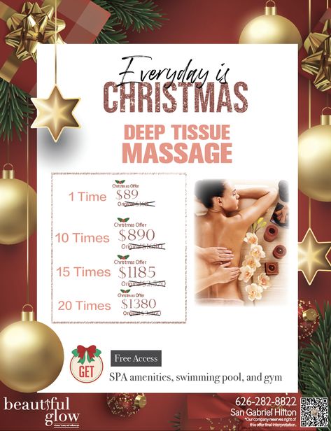 Beautiful Glow & BG Medical Aesthetics ✨ 12 Days of Christmas 🎄🎁 Deep tissue massage packages 🧖 . . . #sangabrielvalley #beautifulglowspa #massage #fillers #weightloss #aesthetics #rejuvenate #healthyskin #skincare #spa #spaday #medspa #sauna #poolside #pool #treatyourself #freeconsultation #relax #recharge #sangabriel #hiltonhotel #christmasdeals #12daysofchristmas #bodysculpting #alahambra Masseuse Aesthetic, Massage Christmas Specials, Massage Christmas, Winter Massage, Thalassotherapy Spa, Massage Packages, Medical Aesthetics, Medical Aesthetic, Deep Tissue Massage