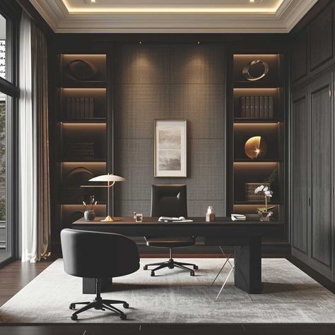 2 Desk Home Office Ideas, Luxury Office Aesthetic, Office Room Wall Design, Office Hangout Space, Boss Office Interior Design Luxury, Simple Office Ideas, Male Home Office, Simple Office Design, Ceo Office Design Luxury Modern