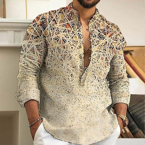 Bohemian Mens Fashion, Persian Clothes, Mens Shirt Pattern, Mens Shirts Online, Geometry Design, Linen Fashion, Fall Fabric, Fashion Streetwear, Soft Tops