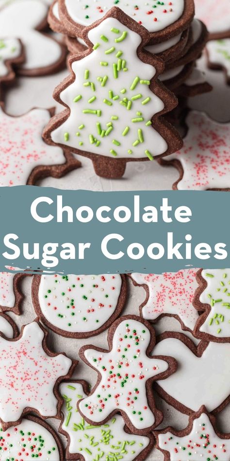 Chocolate sugar cookies are a unique take on the classic cookie. They're soft, delicious, and can be decorated to suit any holiday! Gingerbread Chocolate, Live Well Bake Often, Pie Christmas, Dessert From Scratch, Super Easy Desserts, Chocolate Ganache Filling, Gingersnap Crust, Homemade Recipes Dessert, Chocolate Sugar Cookies