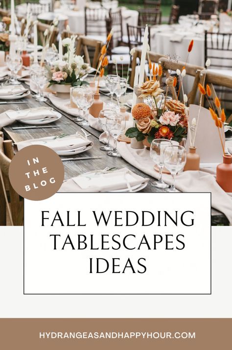 We are sharing elegant fall wedding decor tips for beautiful wedding table decorations.  From fall wedding color palette to moody floral table centerpieces, we have you covered.  We are sharing ideas your wedding tablescapes including what elements to include on your wedding table settings.  Head to our wedding blog for our guide to wedding planning and your fall wedding decor. October Wedding Table Settings, October Wedding Table, Simple Wedding Tablescapes, Rectangle Wedding Tables, Fall Wedding Table Settings, Fall Wedding Tablescapes, Fall Wedding Sign, Fall Wedding Table Decor, Wedding Table Layouts