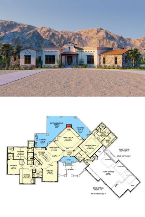 Spanish Ranch House Plans, Colorado Floor Plans, One Story Tuscan Style Homes, Santa Fe House Style, Spanish Style House Plans One Story, Single Story Hacienda Style Homes, Southwest Home Plans, Mexico House Floor Plan, Unique Ranch Style Homes