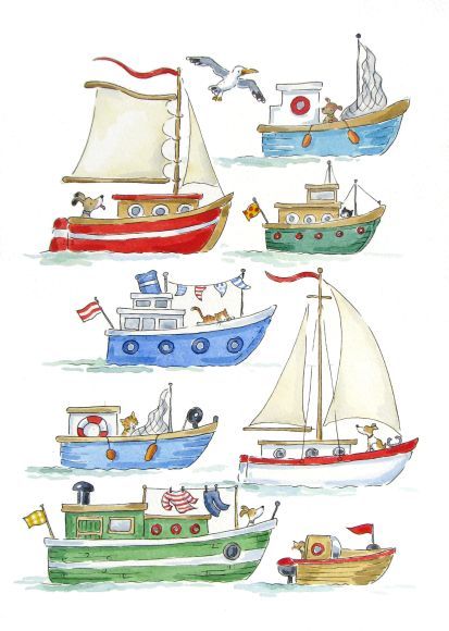 Kids Boat, Boat Illustration, Boat Drawing, Boat Art, Boat Painting, 수채화 그림, Buy Wall Art, Artwork Wall, Card Card