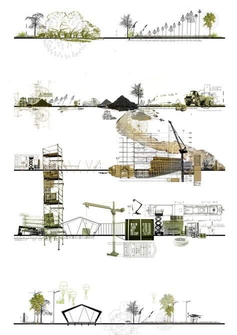 construction/structural drawing representation Architecture Boards, Croquis Architecture, Collage Architecture, Plans Architecture, Architecture Board, Architecture Collage, Architecture Graphics, Architectural Section, Landscape Plan