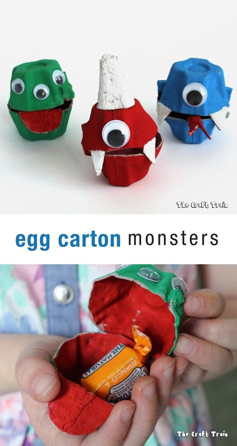 Easy egg carton monsters, a fun Halloween craft for kids. Place sweets inside and create a treasure hunt with them! Egg Box Craft, Monster Treats, Fun Halloween Crafts, Egg Carton Crafts, Treat Holders, Manualidades Halloween, Halloween Activities For Kids, Crafts For Boys, Halloween Craft