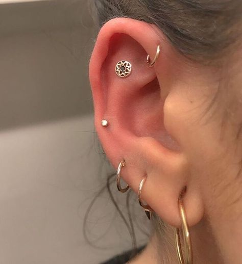 Flat And Forward Helix Piercing, Shen Men Ear Piercing, Shen Men Piercing, Lower Helix Piercing, Forward Helix Piercing Ideas, Helix Ear Piercings, Outer Conch Piercing, Outer Conch, Constellation Piercings