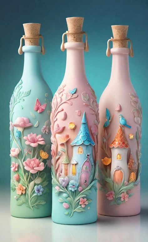 Bottle Clay Art, Scream Christmas, Felt Skirt, Hand Painted Bottles, Diy Glass Bottle Crafts, Glass Bottles Art, Rope Crafts Diy, Wine Bottle Diy Crafts, Barbie Kitchen