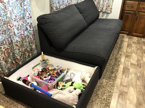 Kivik Chairs and Ottoman, great RV couch. Low enough, not too deep, and the ottoman provides storage. #rvrenovation Rv Couch, Rv Sofa Bed, Couch Ikea, Love Couch, Couch Storage, Rv Living Room, Couch Makeover, Rv Sofas, Rv Furniture