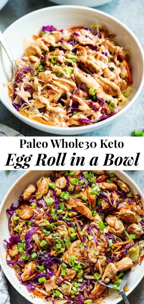 Simple yet incredibly delicious, these Paleo Egg Roll Bowls with Chicken are bound to become a new go-to for you!  An easy stir fry that tastes just like an egg roll topped with a sesame aioli that you’ll want to put on everything!  Whole30 and keto friendly too. #paleo #whole30 #keto Paleo Running Momma, Eggroll In A Bowl, Easy Whole 30 Recipes, Egg Roll In A Bowl, Whole30 Keto, Egg Diet Plan, Diner Recept, Egg Diet, Recipe 30