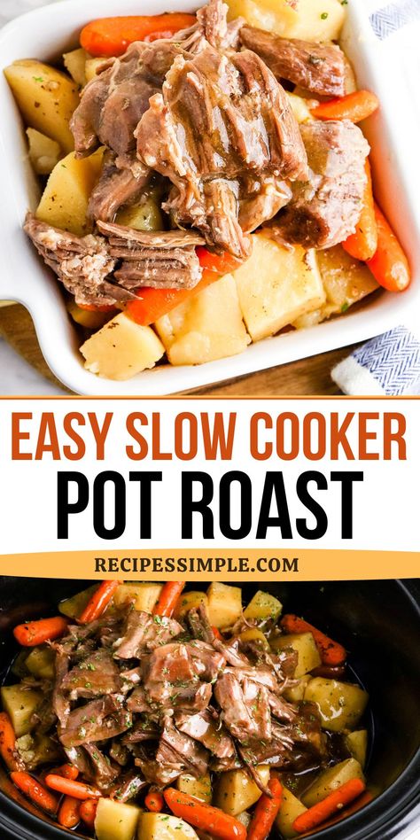 Pot roast with potatoes and carrots cooked in slow cooker. Best Crockpot Roast, Easy Crockpot Roast, Easy Slow Cooker Pot Roast, Carrots Slow Cooker, Crockpot Pot Roast, Slow Cooker Pot Roast Recipes, Crockpot Roast Recipes, Slow Cooker Pot Roast, Pot Roast Crock Pot Recipes