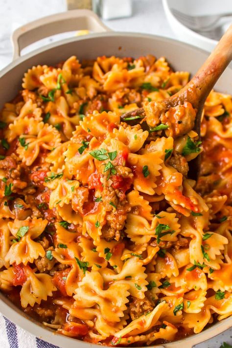 Sausage Bow Tie Pasta - Cook Dinner Tonight Smoked Sausage And Bow Tie Pasta, Bow Tie Pasta And Sausage Recipes, Pasta With Bow Tie Noodles, Italian Sausage Bow Tie Pasta, 1 Pan Pasta Recipes, Pasta Recipes Bowtie, Easy Bow Tie Pasta Recipes, Italian Sausage Bowtie Pasta, Bowtie Pasta With Sausage