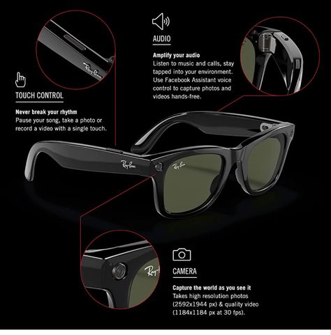 RAY-BAN STORIES | WAYFARER Smart Sunglasses Glasses Wayfarer, Smart Glass, Ray Ban Glasses, Smart Glasses, Capture Photo, Trik Fotografi, Voice Control, High Resolution Photos, Unisex Sunglasses